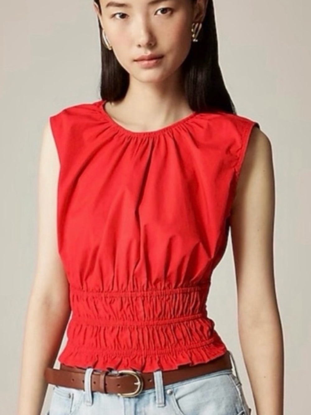 J. Crew Red Sleeveless Smocked-Waist Tank